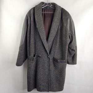 ADA Paris Coat Womens Long Sleeve Vintage Leather Trim Tweed 80's Style Gray Blk